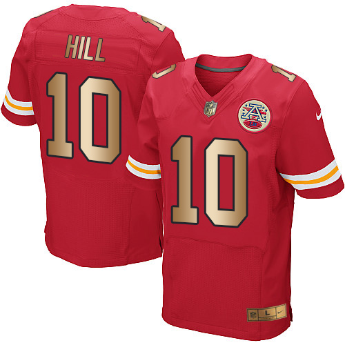 Nike Chiefs #10 Tyreek Hill Red Team Color Men's Stitched NFL Elite Gold Jersey - Click Image to Close
